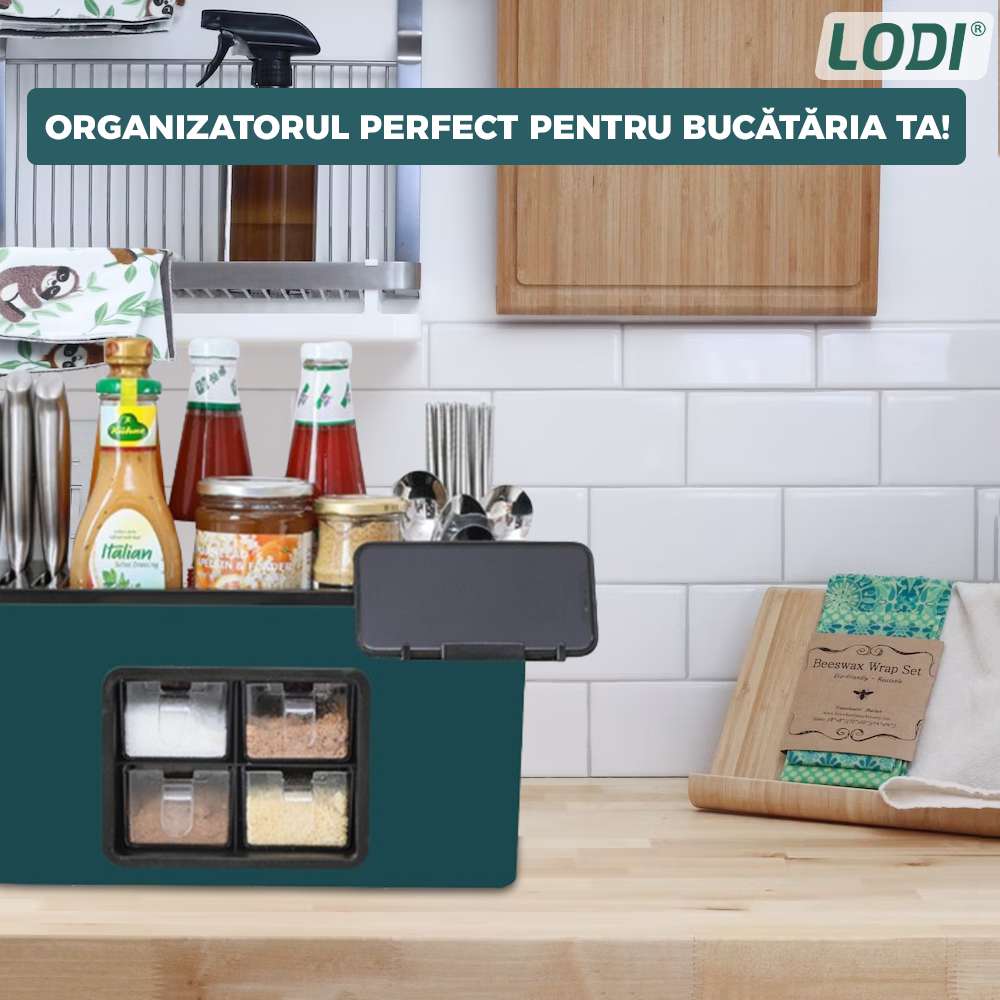 Organizator Multifunctional pentru Bucatarie Lodi537, 4 Compartimente, raft condimente, suport detasabil telefon, tavita de scurgere, suport tacamuri/ustensile, verde inchis