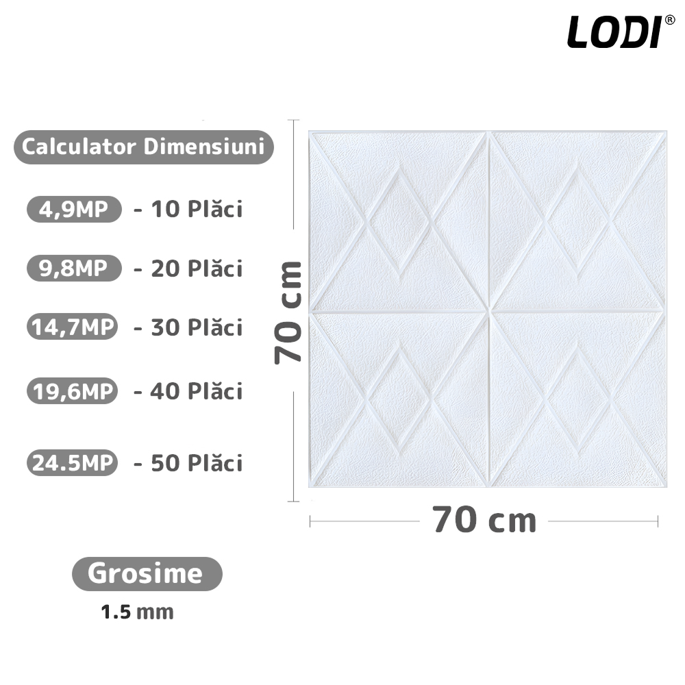 Set 10x Tapet 3D Lodi842, suprafata acoperire 4.9 mp, autoadeziv, Model Romburi, perete/tavan, waterproof, usor de montat, design modern, 70x77 cm, alb