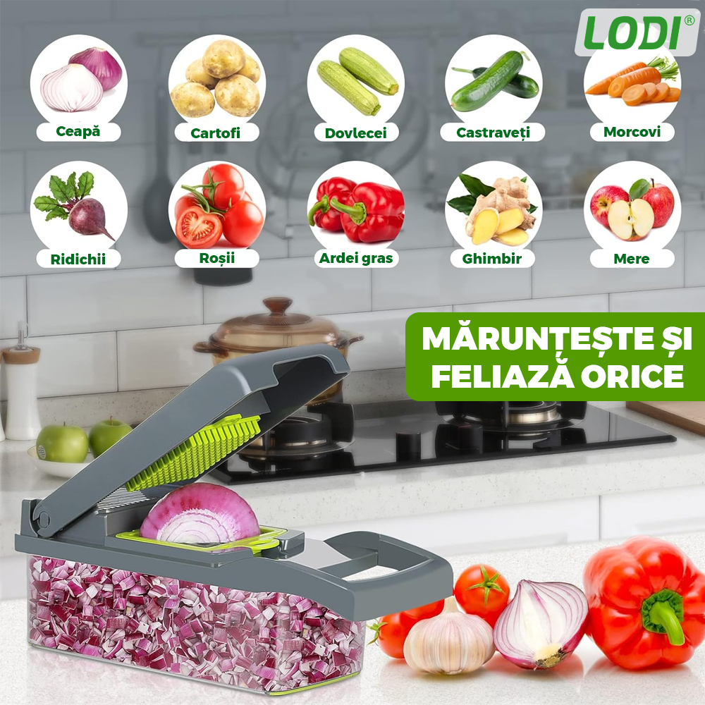 Feliator de Legume 13 in 1 Lodi752, multifunctional, 8 taieturi, accesorii pentru tocat, maruntit, feliat, julienne, separator de oua, lame de inox, 28 x 13 cm, verde