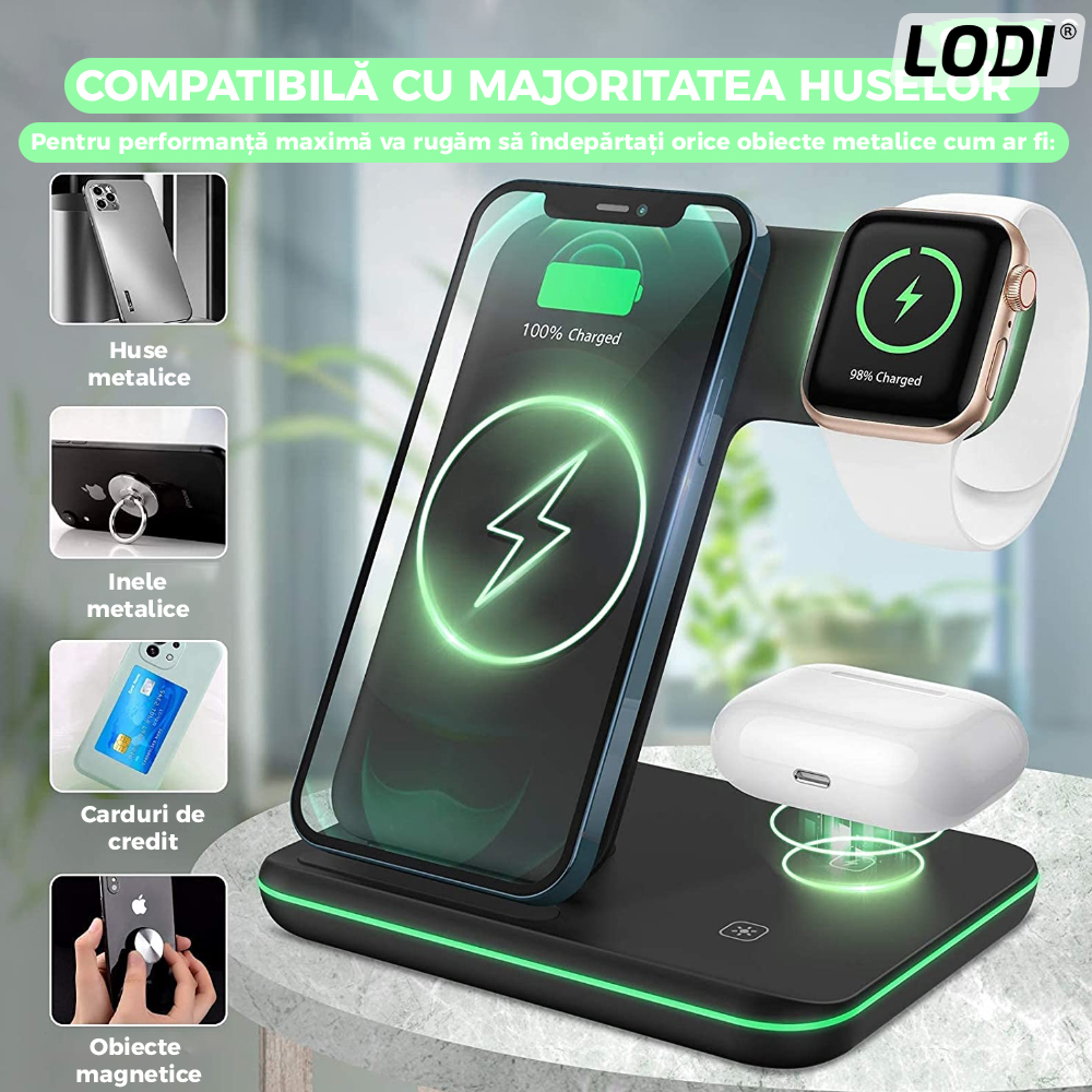 Incarcator Wireless Lodi9, Statie de Incarcare 3in1, LED indicator inteligent, Fast Charge, incarcare rapida, compatibilitate universala, negru