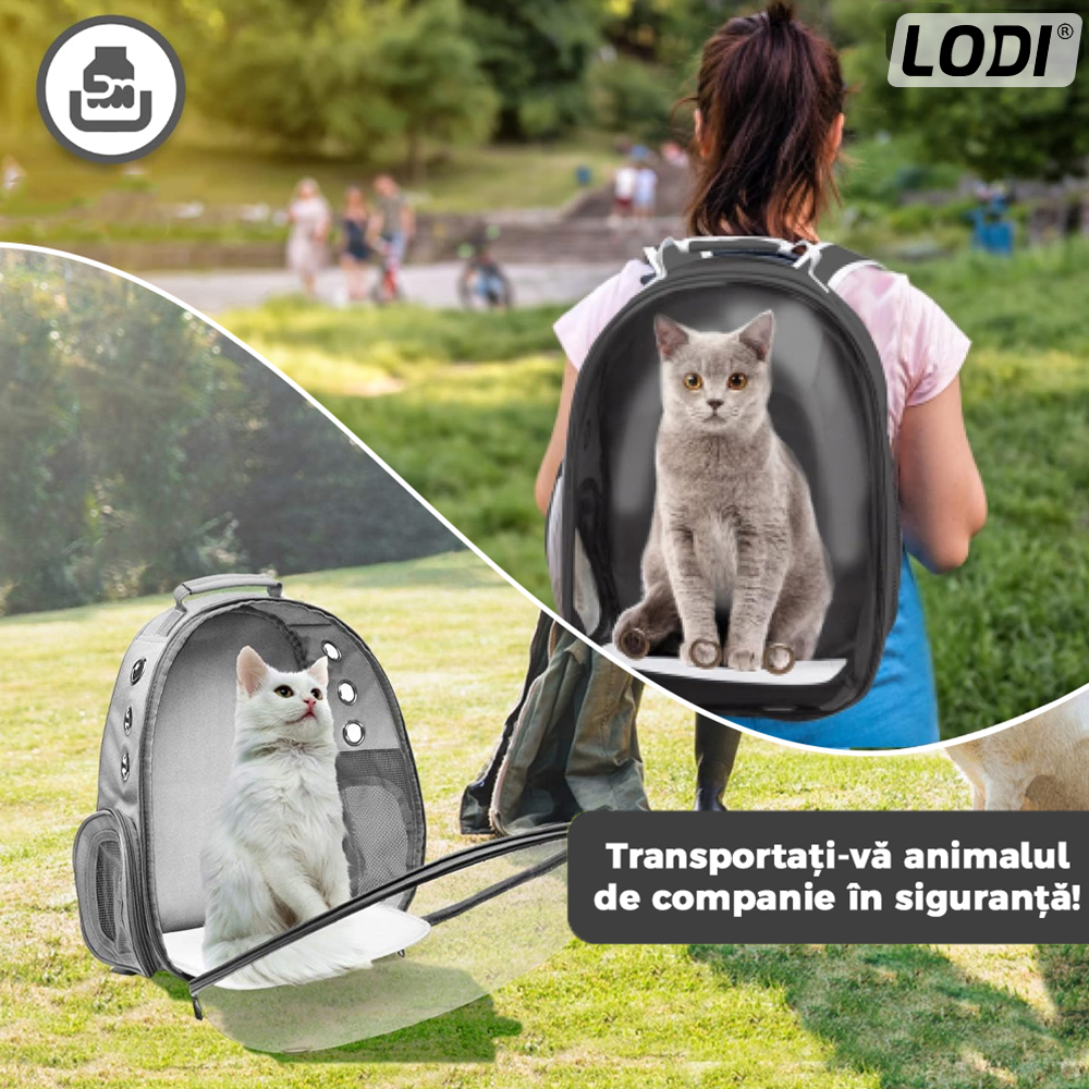Rucsac Transport Animale Lodi1099, greutate Max 7kg, hublou panoramic transparent, buzunar lateral, 2 iesiri, pentru talie mica, gri