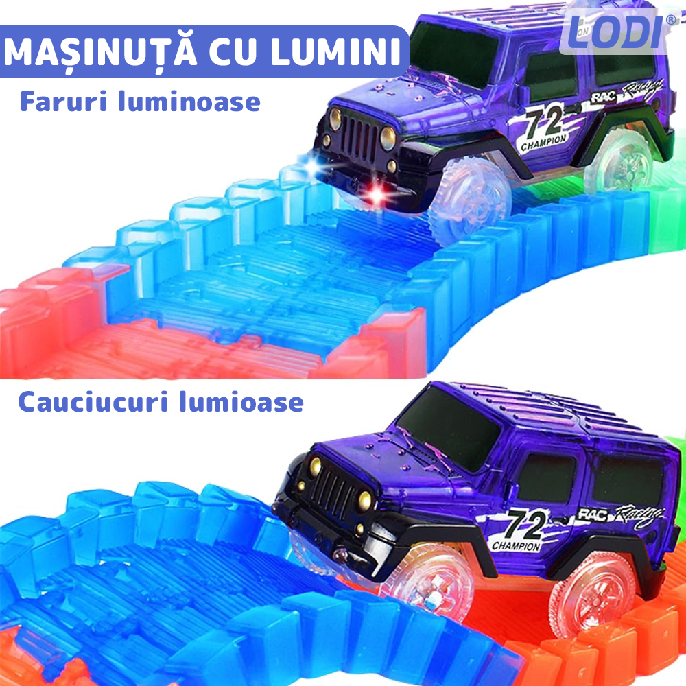 Circuit Masinute Lodi1071, 56 piese, pista iluminata configurabila, fosforescenta, masinuta cu lumini albastra, multicolor