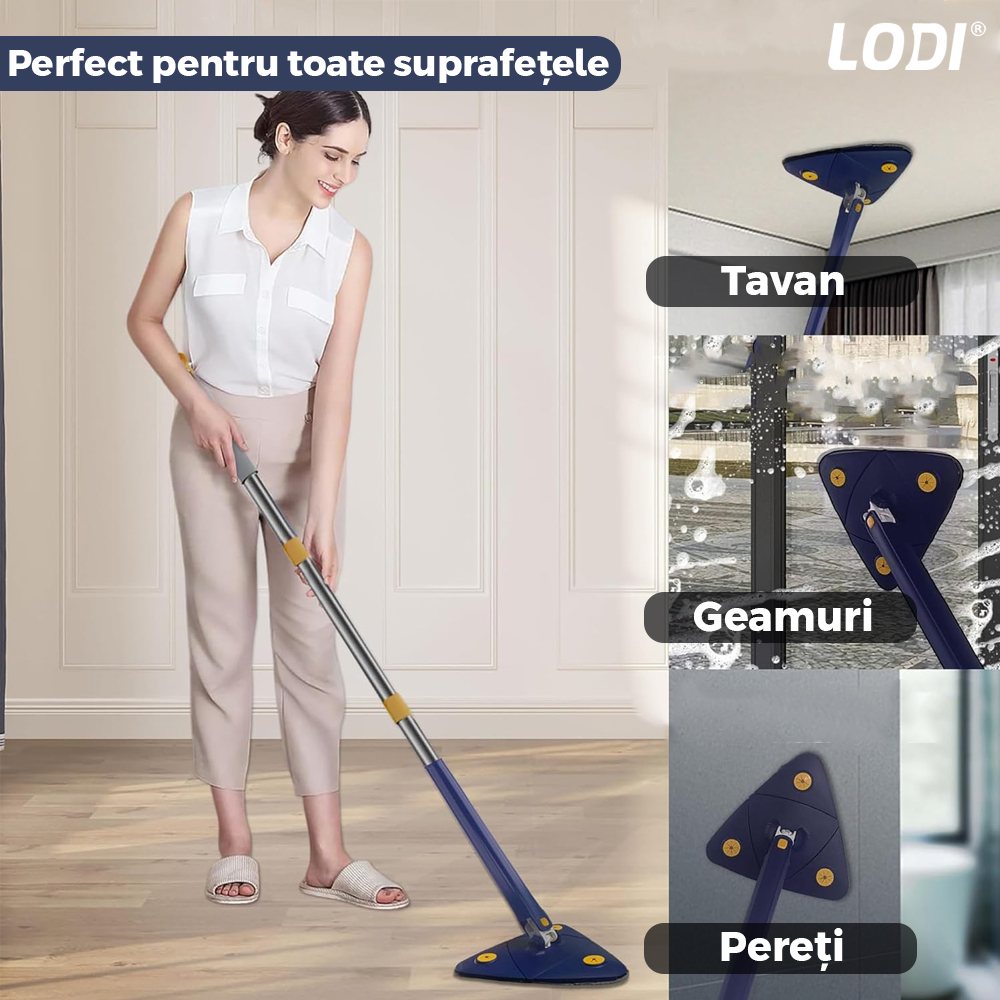 Mop cu Cap Triunghiular Lodi321, rotire 360 grade, telescopic, curatare usoara, 4 lavete incluse, 127 cm, albastru/galben