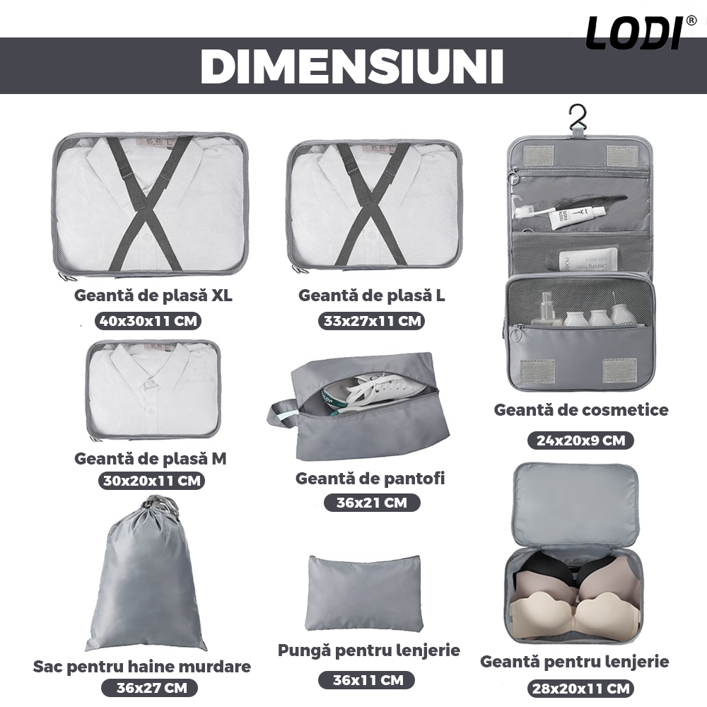 Set 8 Organizatoare Lodi673, pentru calatorie, diferite marimi, 3 genti cu plasa, 1 geanta pentru lenjerie, geanta pentru cosmetice, sac pentru hainele murdare, inchidere cu fermoar dublu, plasa, gri