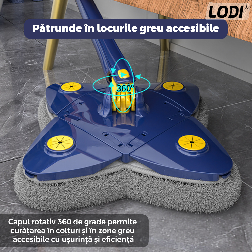 Mop cu Cap in Forma de Stea Lodi552, rotire 360 grade, telescopic, curatare usoara, 4 lavete incluse, 123 cm, albastru/galben