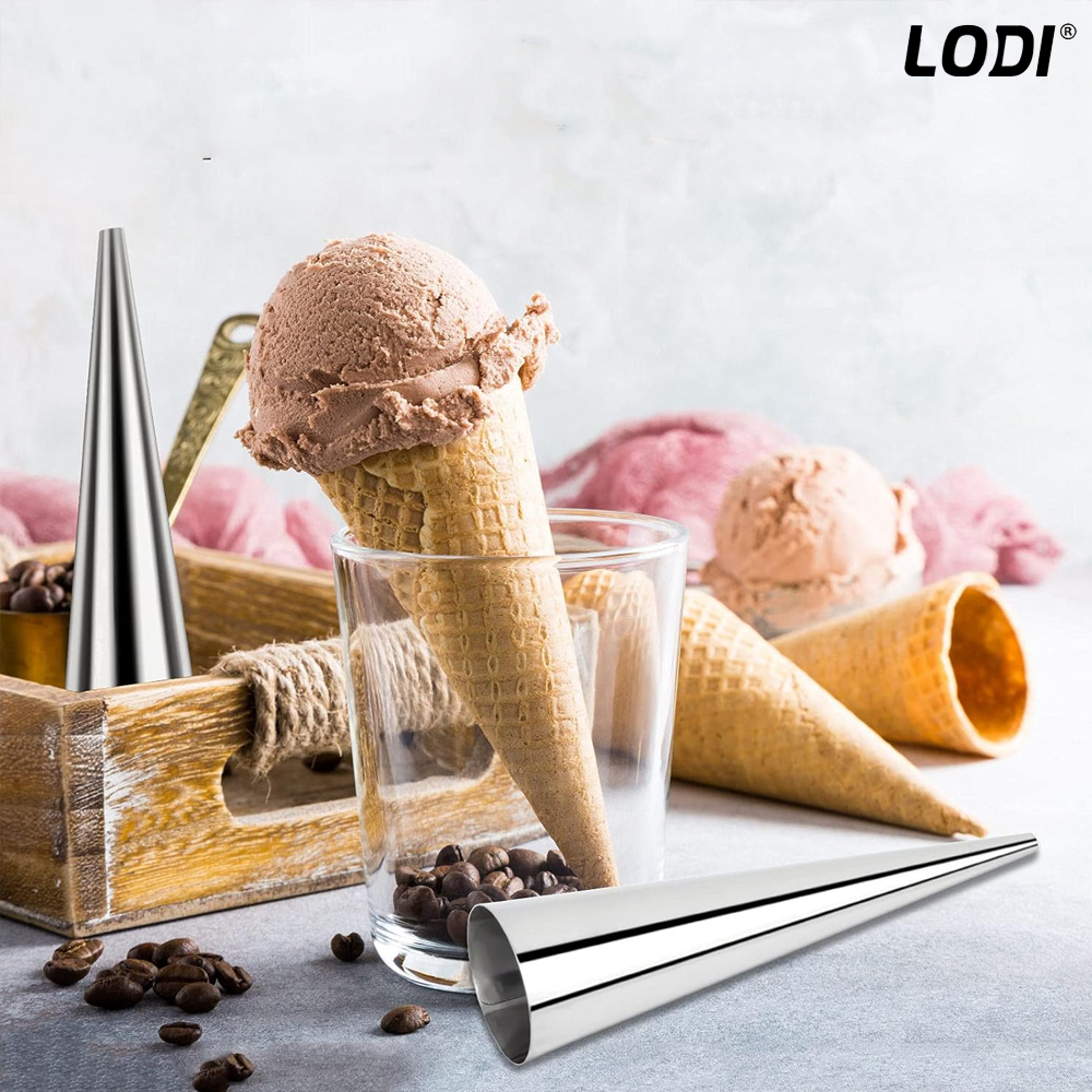 Set 5 Forme de Copt pentru Rulouri Lodi1283, conice, waterproof, otel inoxidabil, varf decupat, cornet inghetata/ cannoli/ cornulete, 12 cm, gri