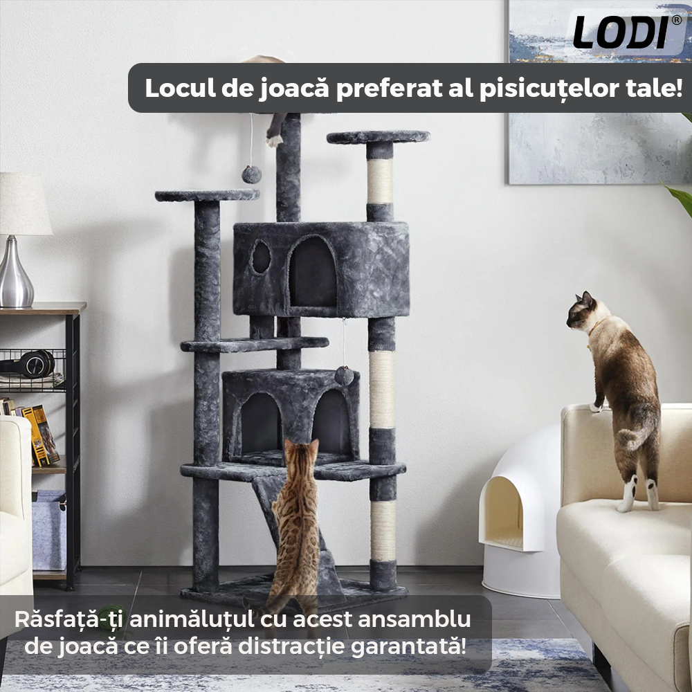Ansamblu de Joaca pentru Pisici Lodi629, tip turn, 3 platforme de observatie, 6 niveluri, 2 casute, scara, franghie si mingiuta de joaca, stalpi pentru zgariat, captuseala extra moale, structura stabila, 138.5 cm, gri inchis