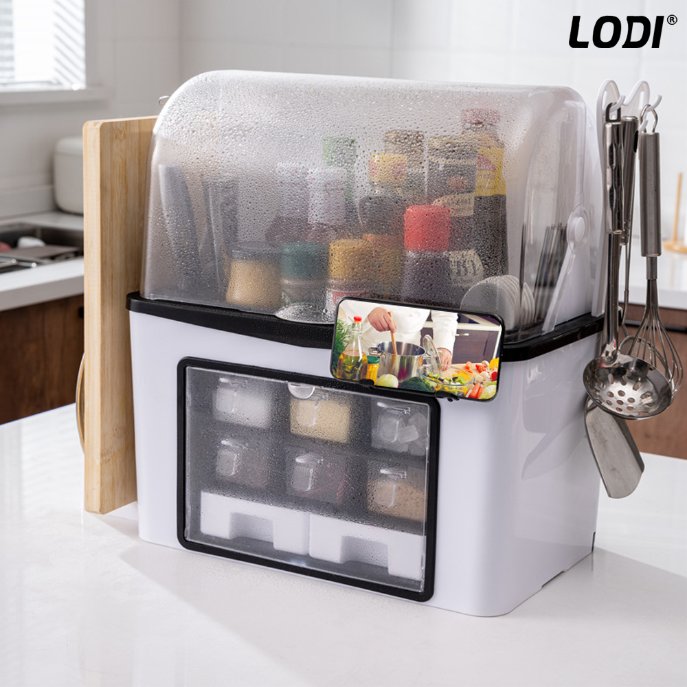 Organizator Multifunctional pentru Bucatarie Lodi483, suport sticle, rafturi pentru condimente, cuier pentru ustensile, suport cutite, 46 x 26 x 43 cm, alb