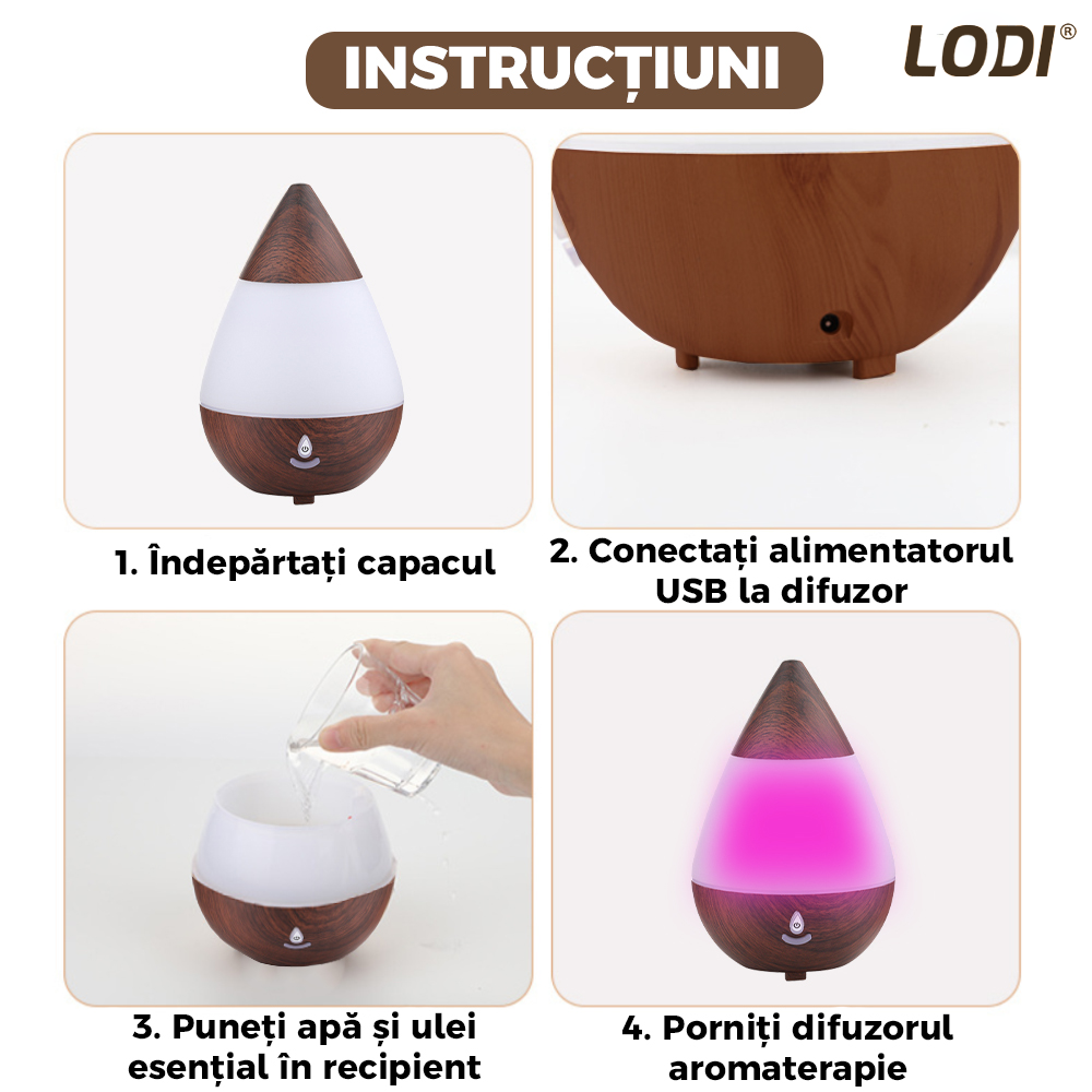 Difuzor Aromaterapie Lodi215, 7 culori LED, lumini dinamice, buton on/off, capacitate 235ml, silentios, umidifica aerul, stejar inchis