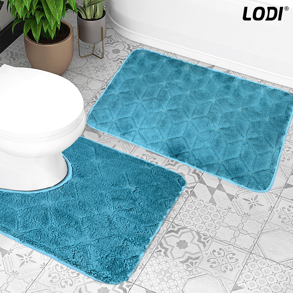 Set 2 Covorase de Baie Lodi1020, anti-derapante, material moale, design modern, model romburi, 80x50 & 50x40cm, turcoaz