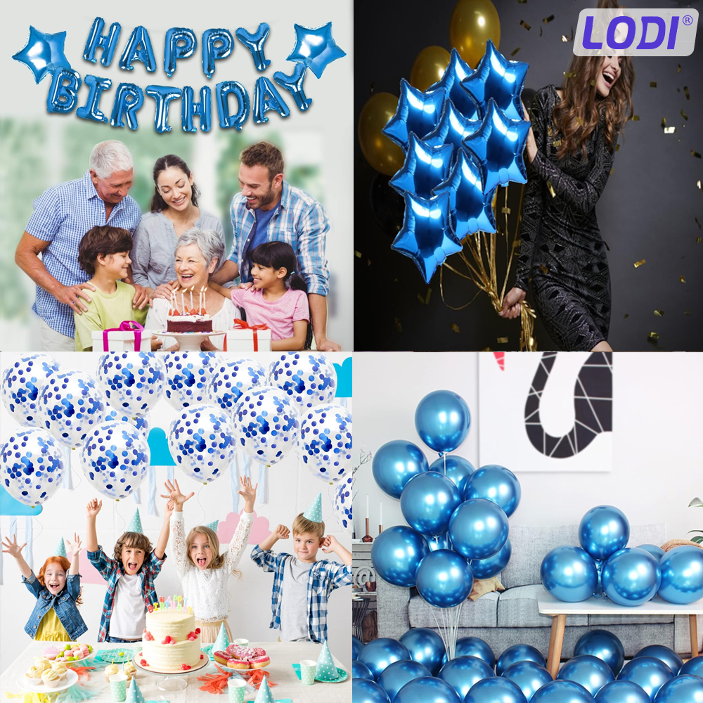 Set 25 Baloane Lodi756, Litere, pentru Petreceri/Aniversari/Evenimente, confetti, stelute, model HAPPY BIRTHDAY, albastru
