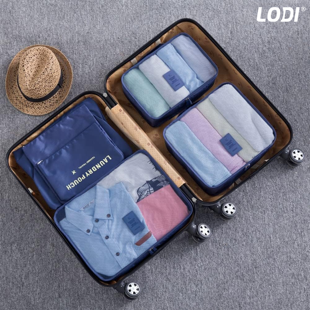 Set 6 Organizatoare Lodi671, pentru calatorie, diferite marimi, bagaj de voiaj, valiza, troler, genti, haine, accesorii, inchidere cu fermoar dublu, plasa, albastru inchis