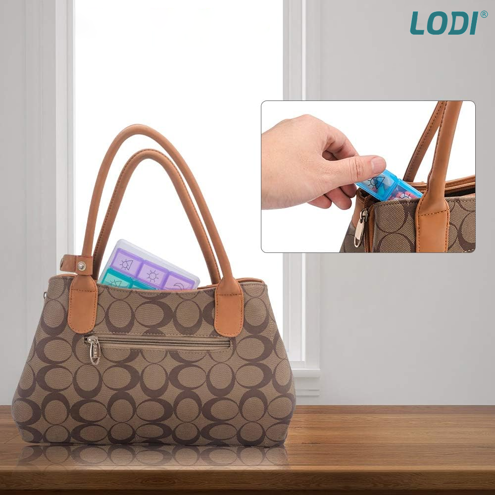 Cutie Organizatoare de Medicamente Lodi750, pastile si vitamine, 7 zile, recipiente detasabile cu 3 compartimente, compacta, 20 x 11 cm, multicolor