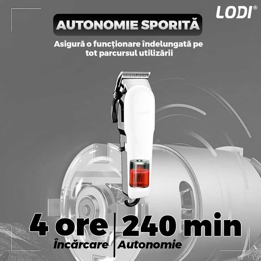 Aparat de tuns barba Lodi979, afisaj digital, 4 piepteni inclusi, incarcare la retea, lame ascutite, usor de curatat, trimmer profesional, alb