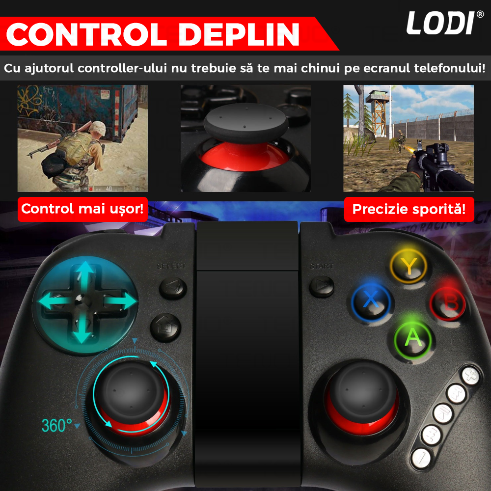 Controller Gamepad 3in1 Lodi463, Bluetooth, compatibil IOS/Android/PC, autonomie 20 ore, suport telefon reglabil, multiple functii, Negru