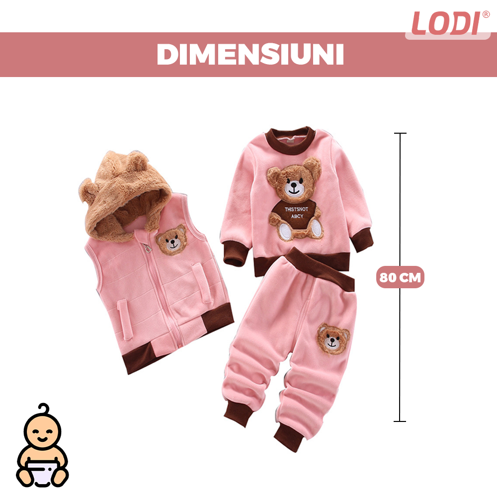 Compleu Copii din 3 Piese Lodi505, unisex, toamna-iarna, plus moale cu ursulet, bluza, pantaloni si vesta cu gluga pufoasa, 80 cm, roz