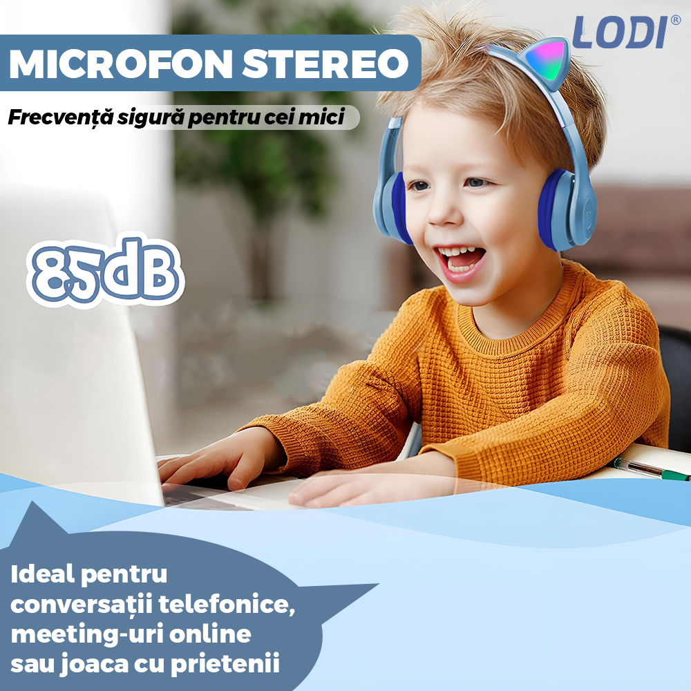 Casti Wireless Model Pisica Lodi955, P47M, overear, urechi de pisica cu iluminare RGB, bluetooth 5.0, handsfree, HiFi, bass stereo, albastru deschis