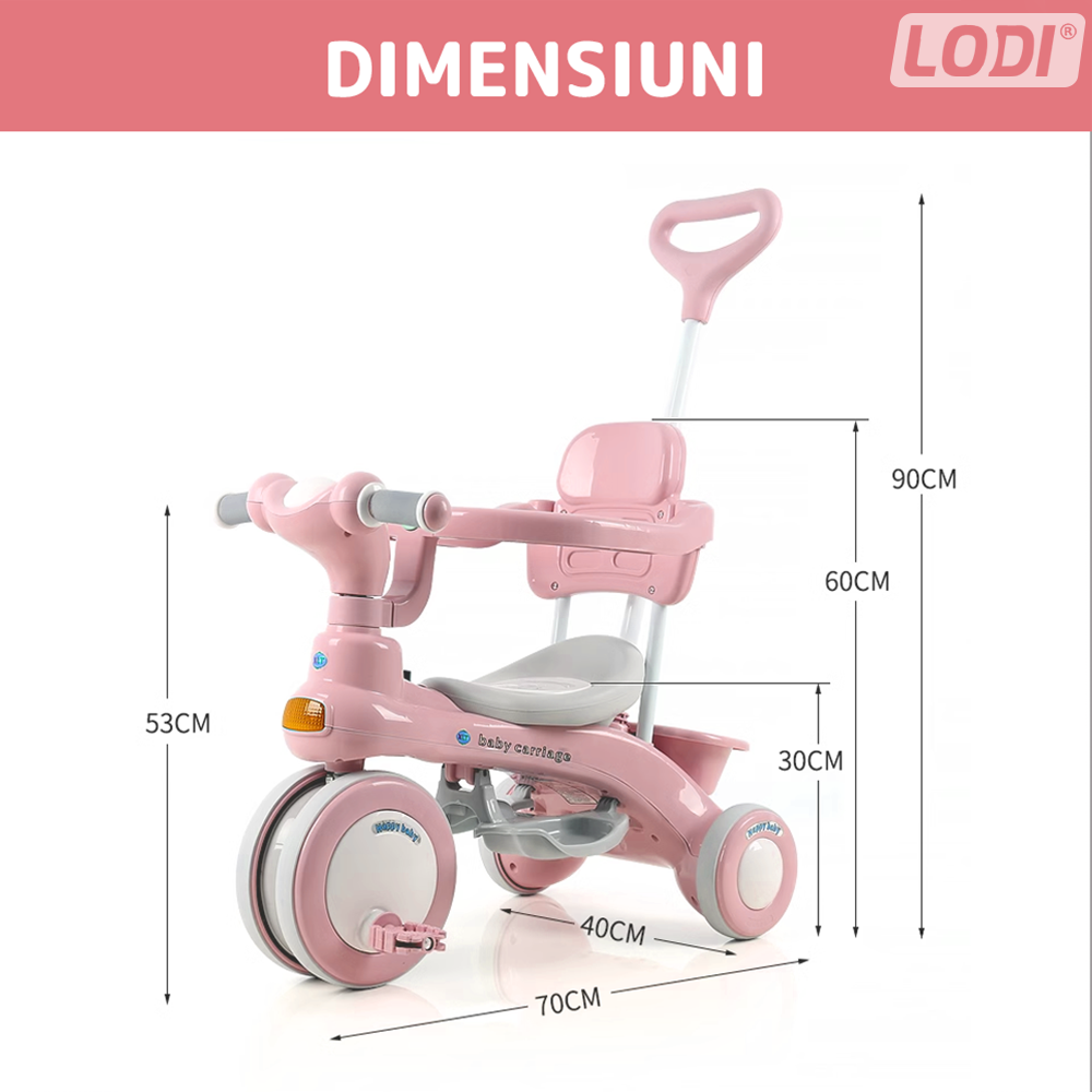 Tricicleta Multifunctionala Lodi1105, structura stabila, pedale anti-derapante, suport picioare, cosulet pe spate, spatar detasabil, parasolar, muzica incorporata, roz