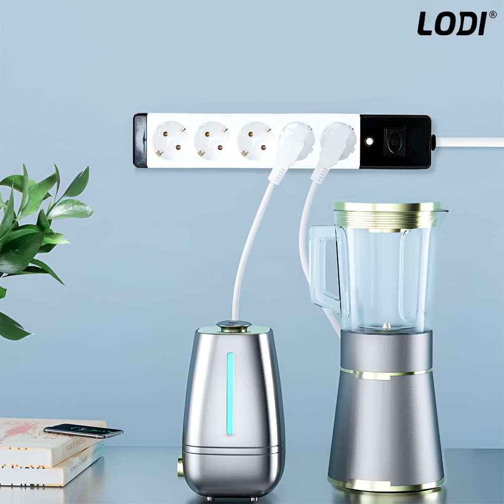 Prelungitor Lodi1281, 5 prize, intrerupator, suport de agatare incorporat, rezistent la temperaturi inalte, universal, lungime 5 metri, negru/alb