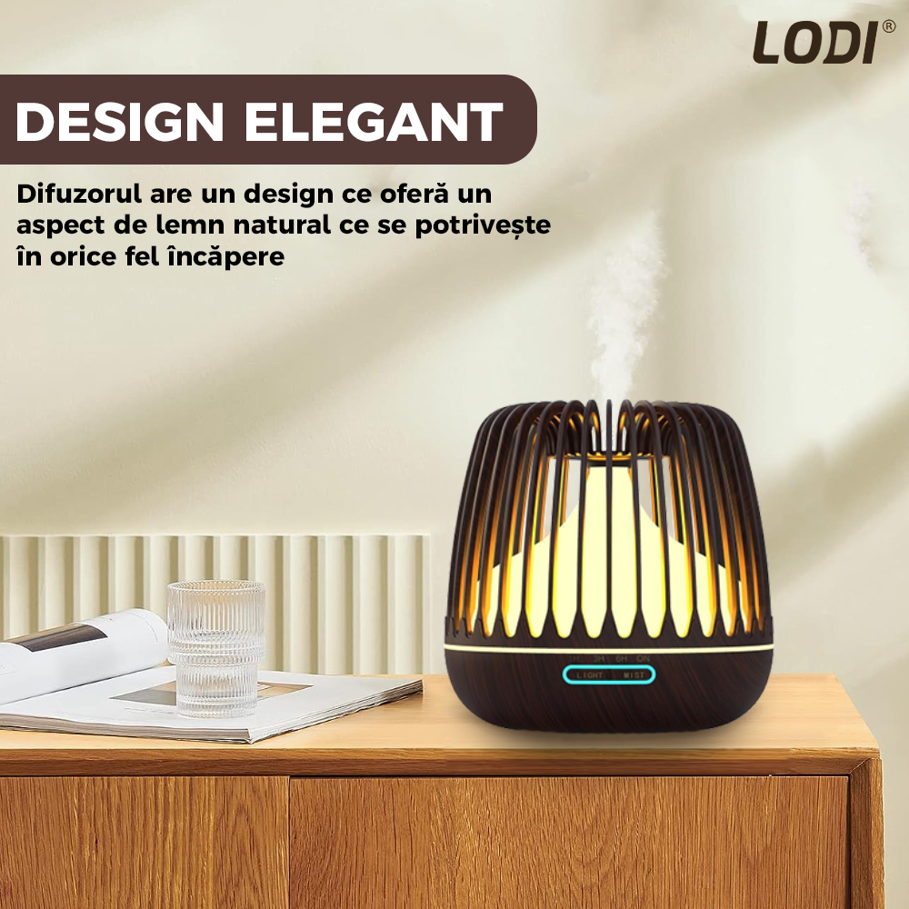 Difuzor Aromaterapie Lodi222, lumini ambientale, control manual, 3 trepte de temporizare, capacitate 500ml, silentios, umidifica aerul, stejar inchis