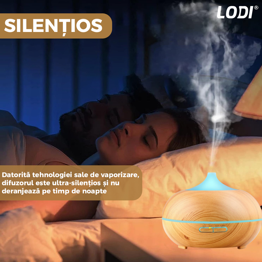 Difuzor Aromaterapie Lodi213, 7 culori LED, 2 jocuri de lumini, control prin telecomanda, capacitate 500ml, silentios, umidifica aerul, stejar deschis