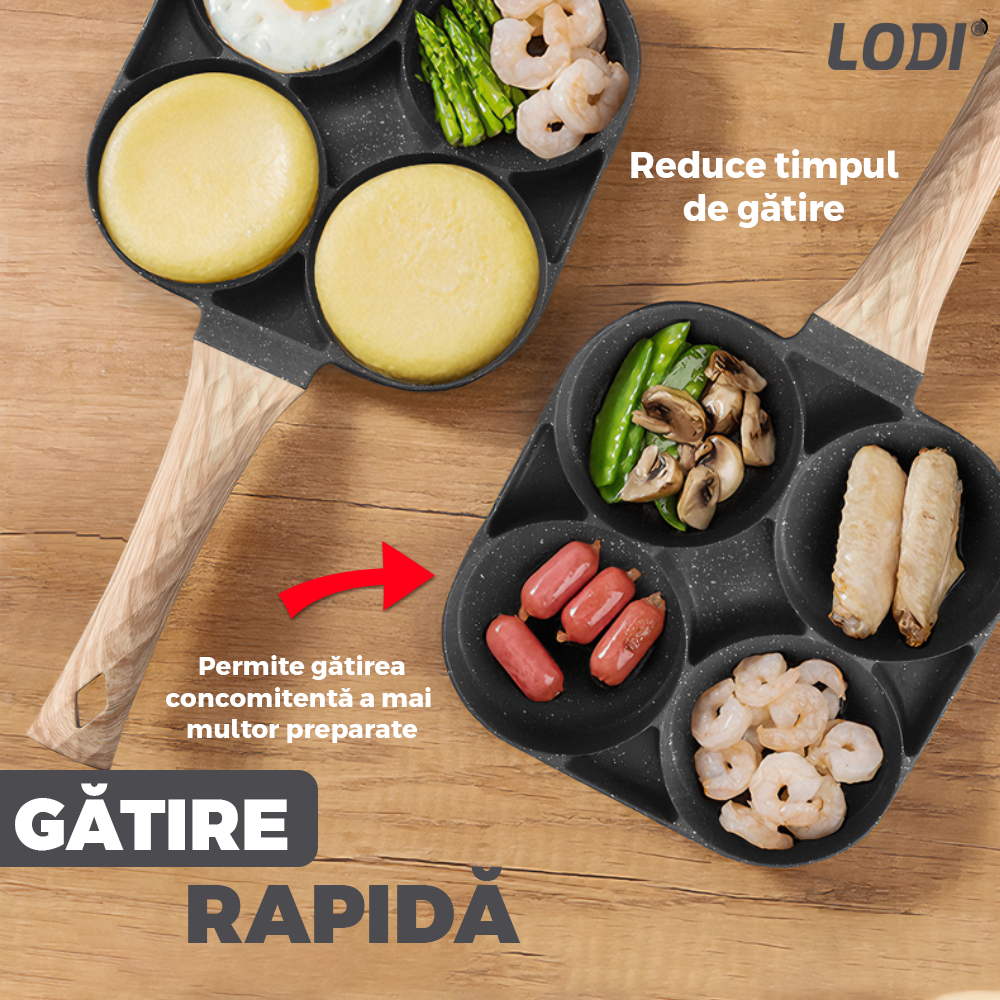 Tigaie Antiaderenta cu 4 Compartimente Lodi1072, aliaj din aluminiu, pluristratificta, maner din lemn, non-stick, usor de curatat, 32 cm, gri