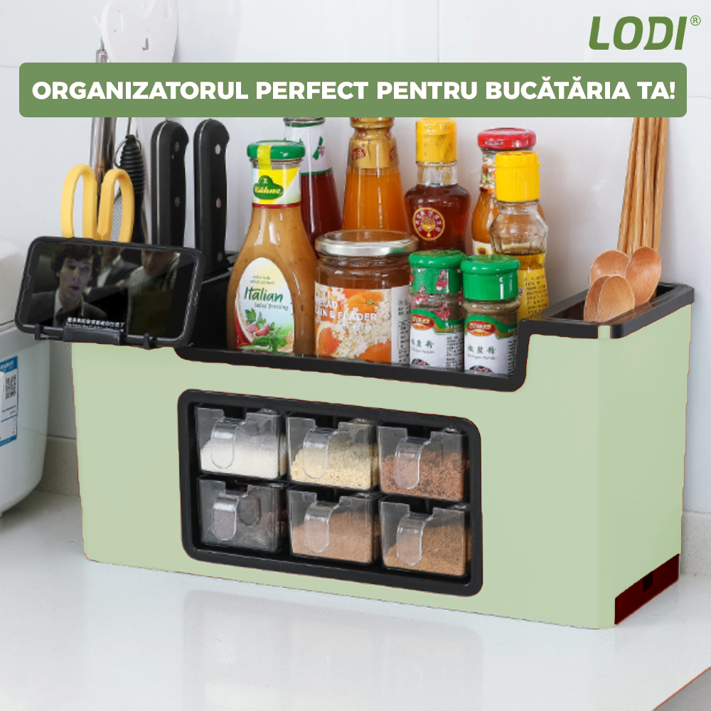 Organizator Multifunctional pentru Bucatarie Lodi683, 6 Compartimente, raft condimente, suport detasabil telefon, tavita de scurgere, suport tacamuri/ustensile, verde deschis