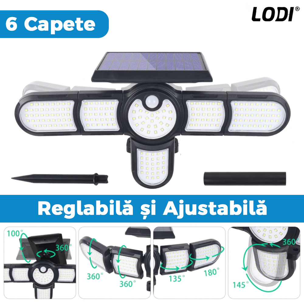 Lampa Solara 200 LED-uri Lodi266, 6 Capete, senzor de miscare, 3 moduri de iluminare, protectie IP65, Waterproof, exterior, negru