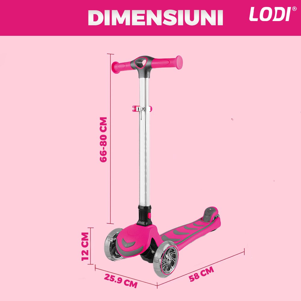 Trotineta pentru Copii cu Lumini Lodi1051, 3 roti, pliabila, anti-aluncare, inaltime ajustabila, stabila, frana, incorporata, 3-11 ani, roz