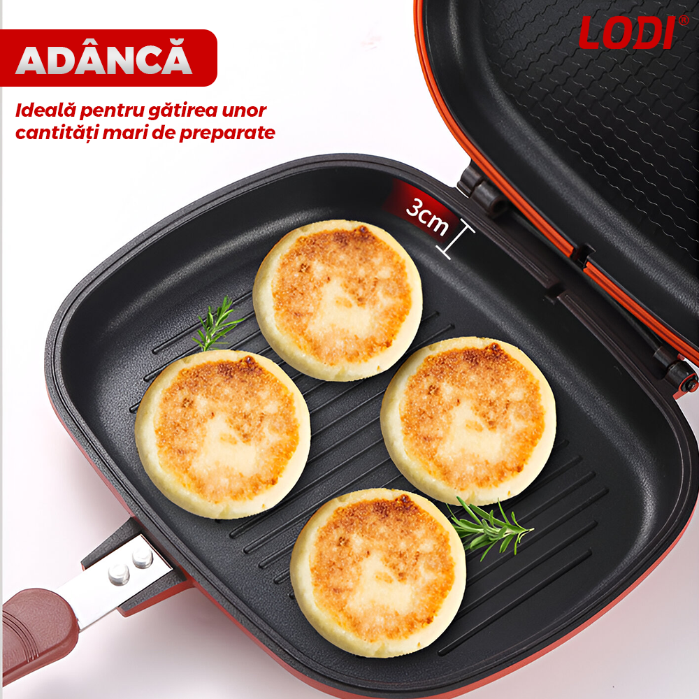 Tigaie Dubla cu Presiune Lodi1216, doua fete, pliabila, pluristratificata, invelis din ceramica, pentru griil sau gatit clasic, rosu/negru