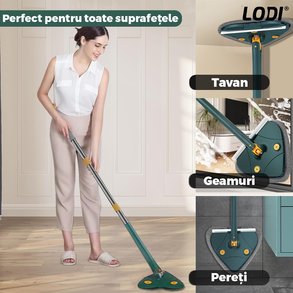 Mop cu Cap in Forma de Inima Lodi551, rotire 360 grade, telescopic, curatare usoara, 4 lavete incluse, 127 cm, verde/galben