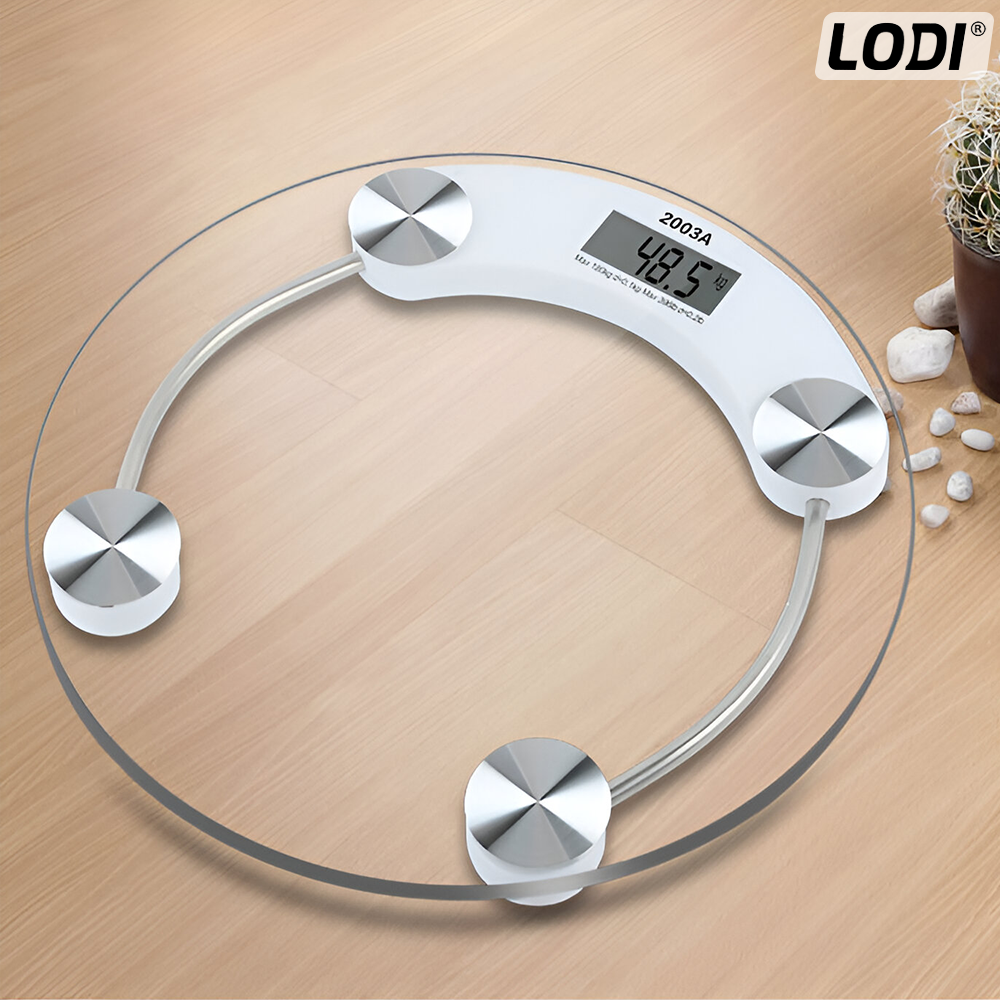 Cantar Electronic Corporal Lodi1260, rotund, afisaj digital, precizie ridicata, senzori de greutate, conversie la unitate, capacitate de 150 kg, transparent