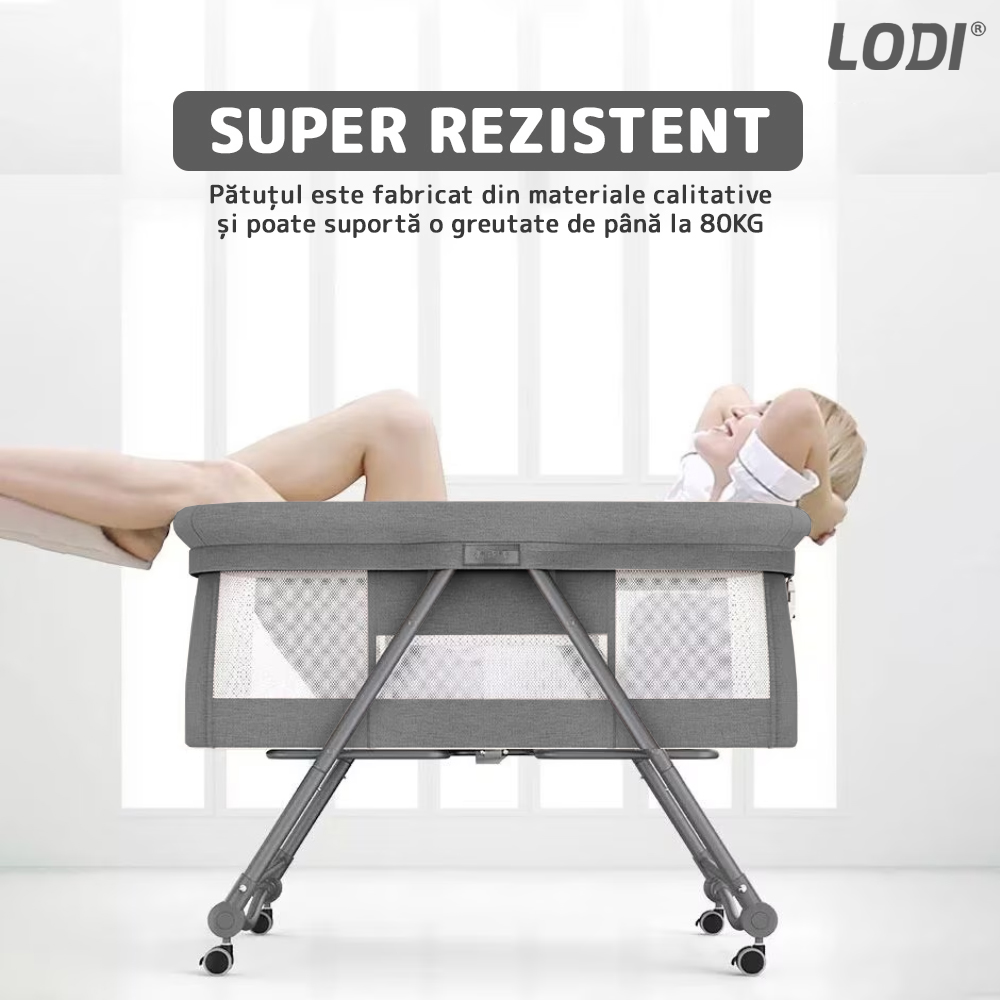 Patut Pliabil pentru Bebelusi Lodi1069, 3 trepte de inclinare, sistem de blocare, plasa anti-insecte, cos depozitare, gri