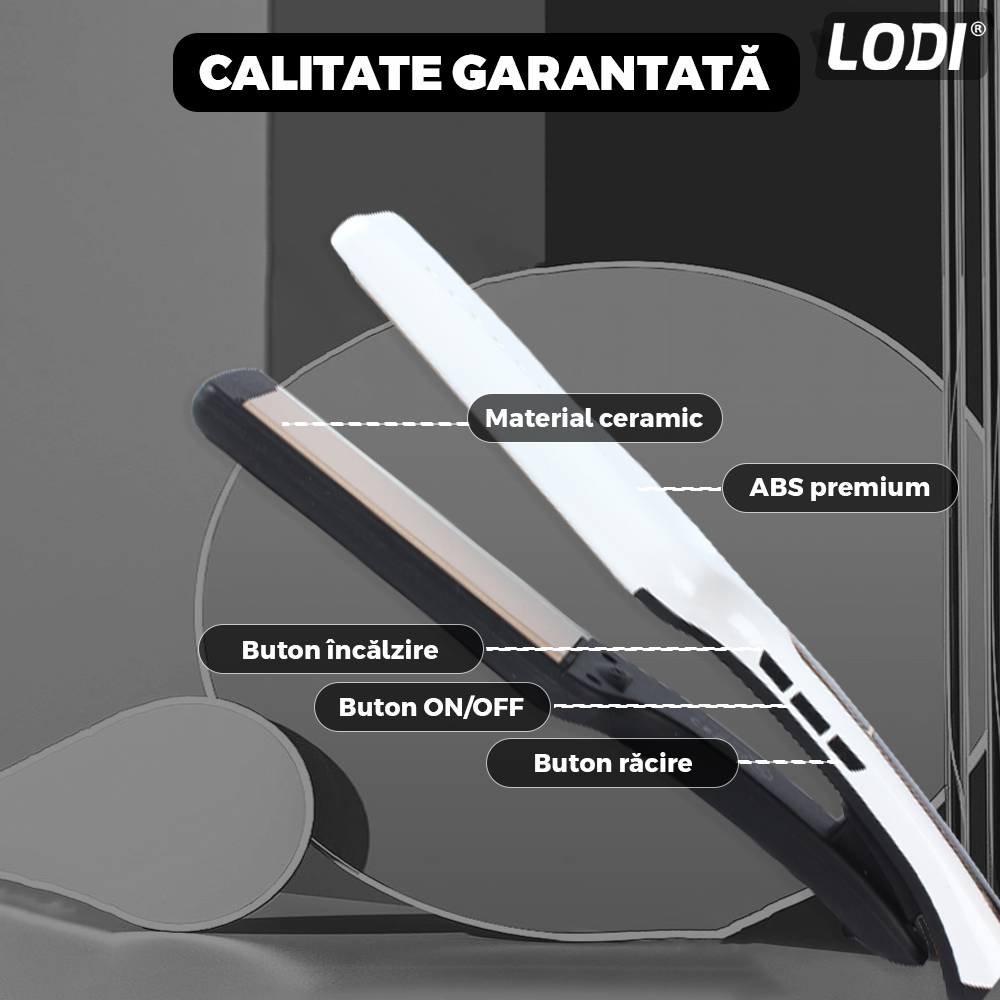 Placa profesionala de indreptat parul Lodi458, invelis ceramic, afisaj LCD, easy lock, tehnologie cu abur, par umed si uscat, 230°, alb