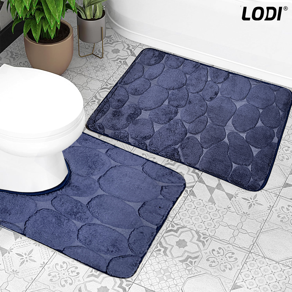 Set 2 Covorase de Baie Lodi1014, anti-derapante, material moale, design modern, model pietre, 80x50 & 50x40cm, bleumarin