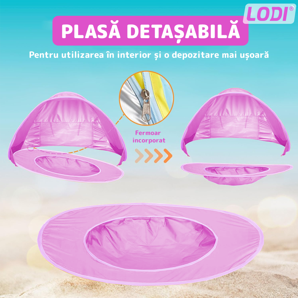 Cort Portabil de Vara pentru Bebelusi Lodi1098, adapost impermeabil pentru plaja, cu piscina, protectie UV si UPF 50+, multifunctional, 117x79x70 cm, roz