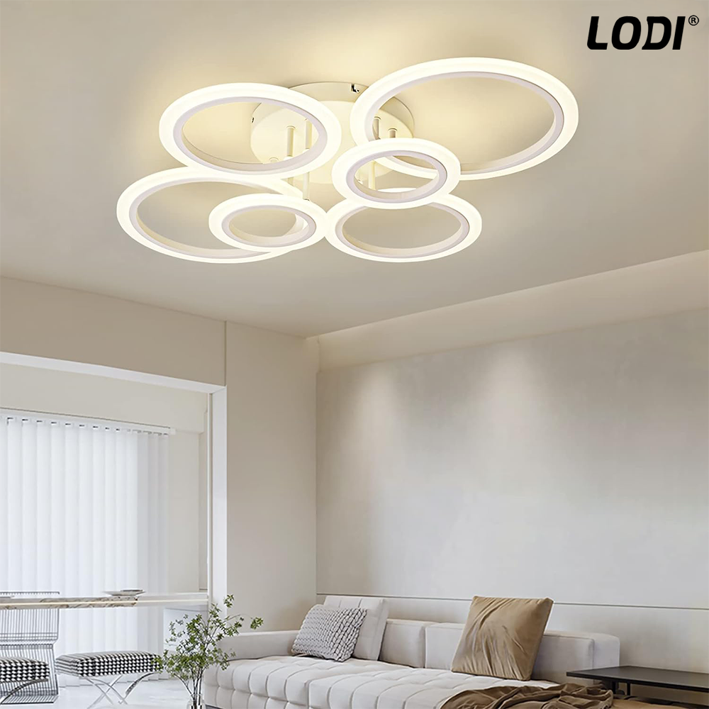 Lustra LED 6 Cercuri Lodi426, dimabila cu telecomanda, 3 tipuri de lumina, intensitate ajustabila, lumina alba rece, neutra, alba cald, putere 160 W, 55 cm