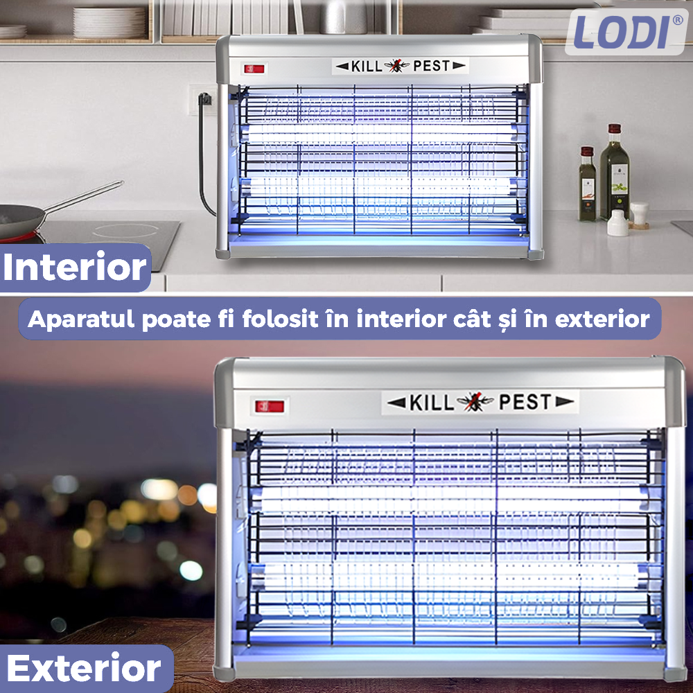 Aparat Electric Anti-Insecte Lodi1171, 16W, Insectocutor cu 2x tuburi ultraviolete, raza de actiune 200 m², unghi de propagare 360º, design modern, gri