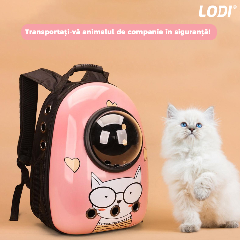 Rucsac Transport Animale Lodi22, greutate Max 7kg, hublou transparent, buzunar lateral, accesorii incluse, pentru talie mica, model Pisica, roz