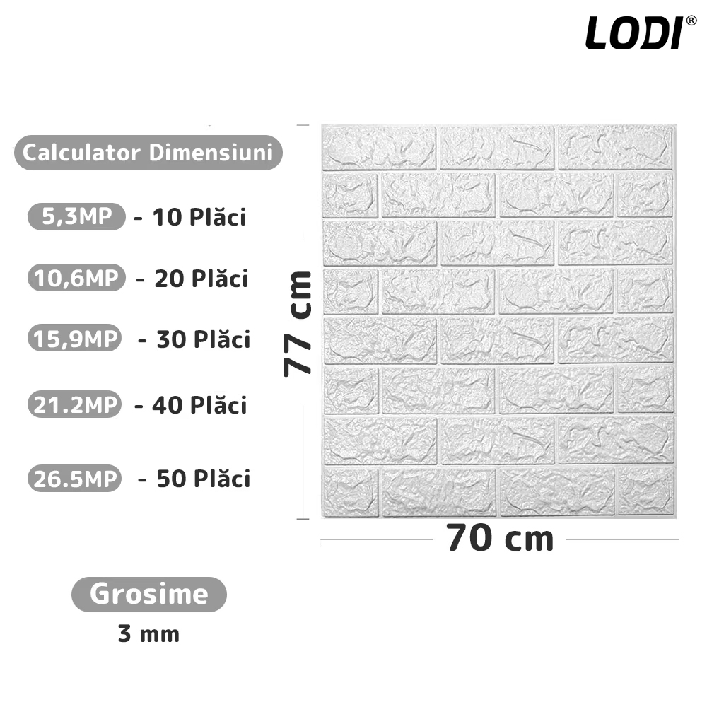 Set Tapet Caramida 3D Lodi51, suprafata acoperire 5.3 mp, autoadeziv, waterproof, usor de montat, design modern, 70x77 cm, alb