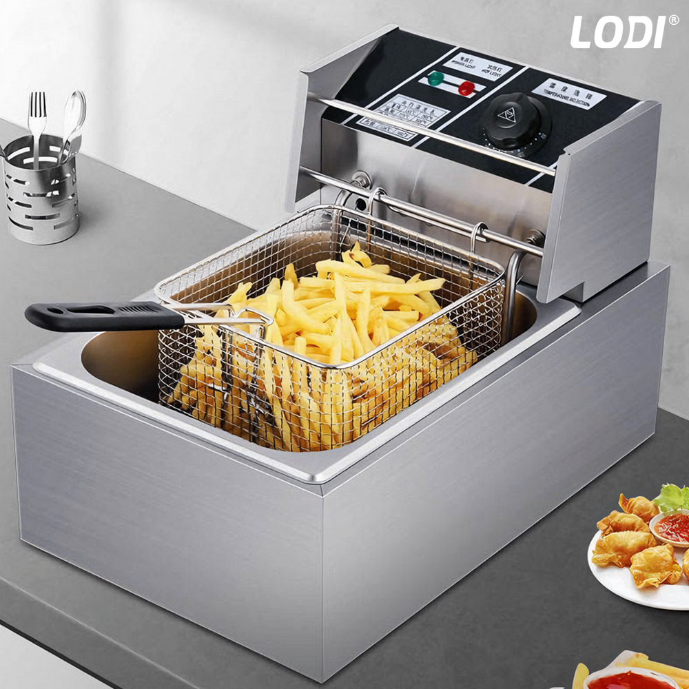 Friteuza Electrica Comerciala Lodi1110, un rezervor, usor de curatat, cos auto-strecurabil, blat din otel inoxidabil, capac pentru prevenirea stropirii, capacitate 10L, gri