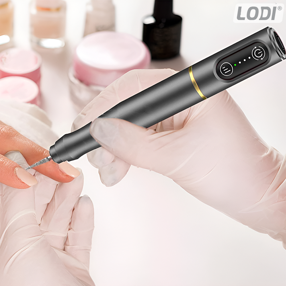 Pila Electrica Profesionala pentru Unghii Lodi1139, freza wireless, 20000 RPM, indicator LED, manichiura-pedichiura, 6 capete pentru pila, 60 benzi de slefurie, portabila, gri