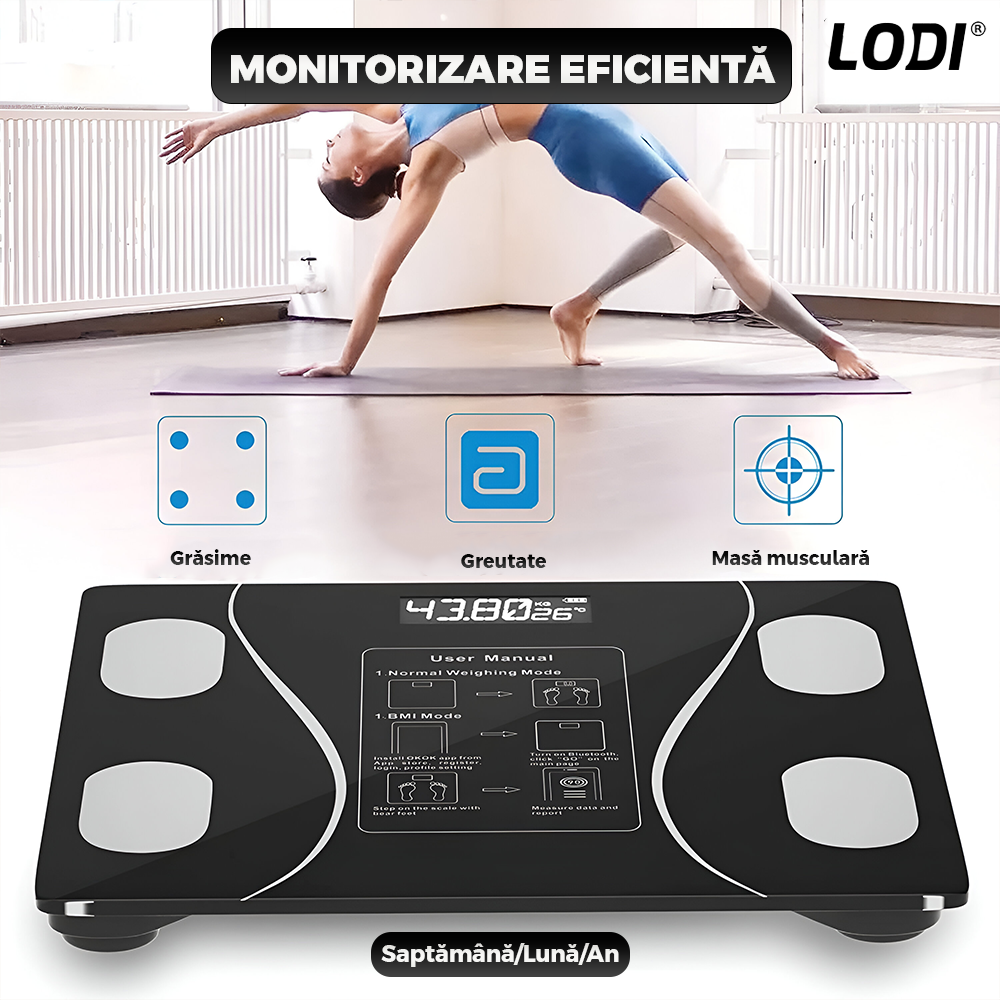 Cantar Electronic Inteligent Lodi1285, pentru baie, corporal, aplicatie smart, indicator greutate/baterie/temperatura, conectare bluetooth, afisaj digital iluminat, greutate maxima suportata 180 kg, baterii incluse, negru