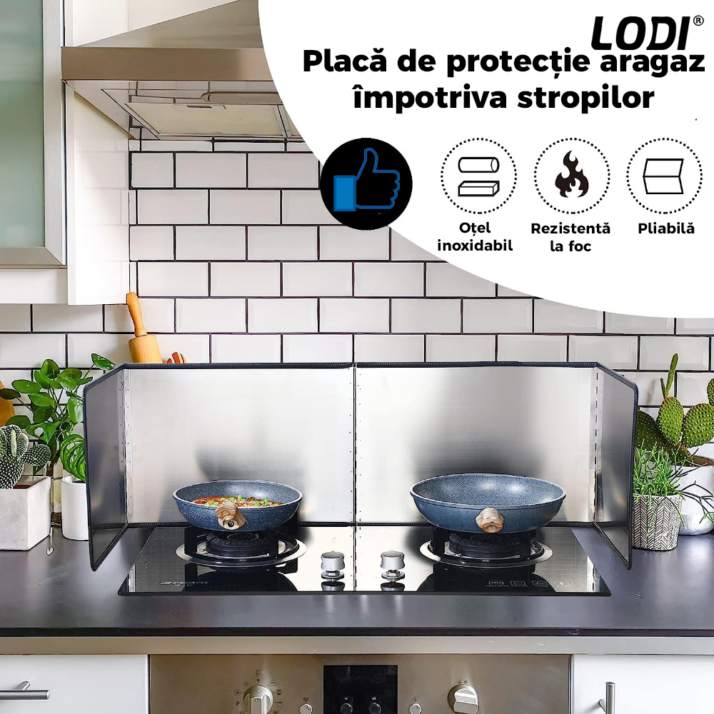 Placa de Protectie Aragaz Anti-Stropi Lodi86, panou cu 4 elemente, pliabila, metal, de inalta calitate, usor de curatat, 133x30cm, argintiu
