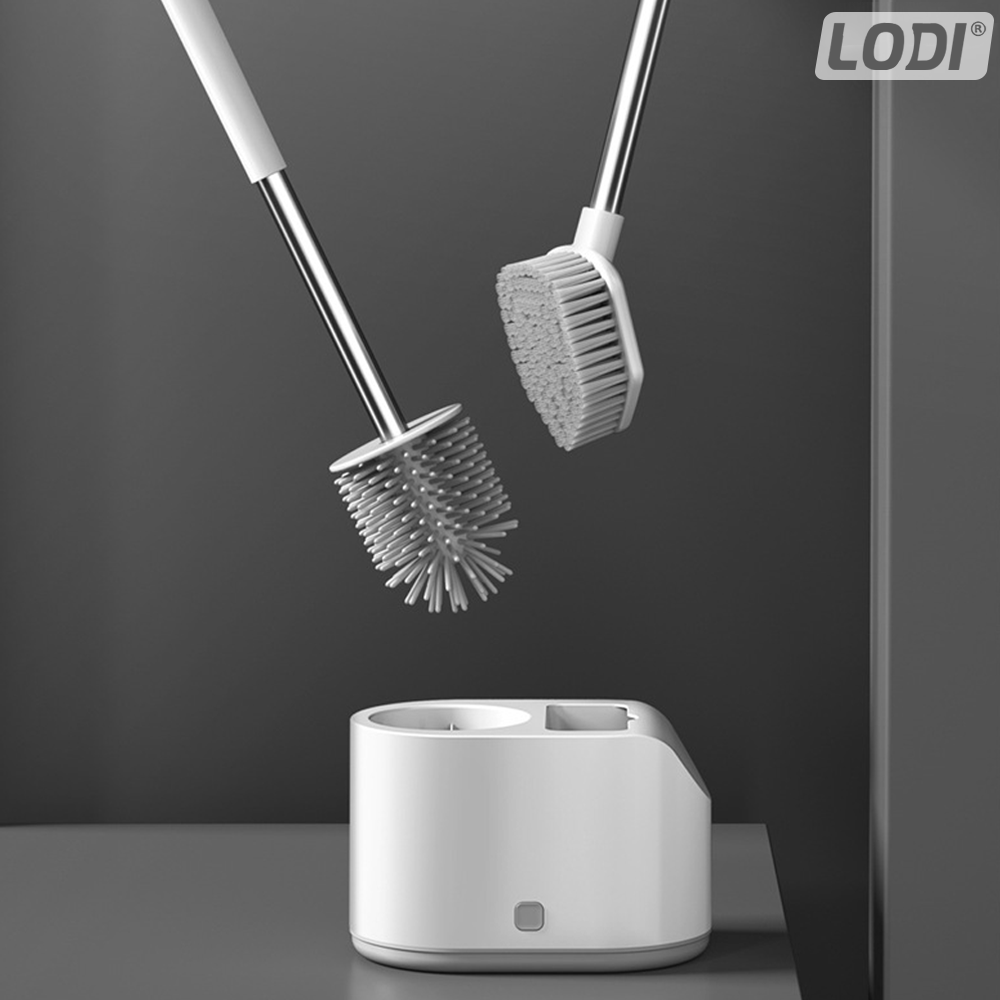 Set 2 Perii pentru Toaleta Lodi1107, perie de silicon, perie zimtata, cap flexibil, suport adeziv pentru montarea pe perete, curata orice tip de suprafata, alb/gri