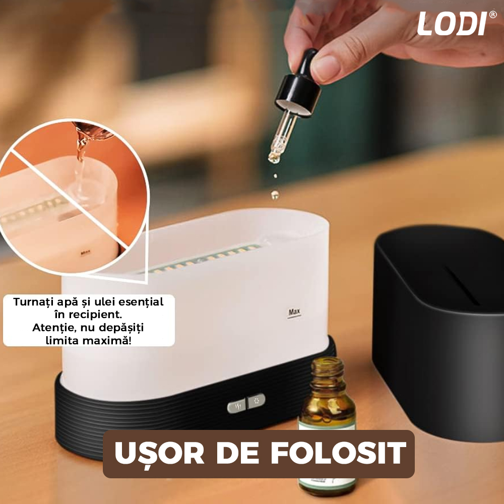 Difuzor Aromaterapie Lodi218, Efect Flacara, 2 trepte de luminozitate, oprire automata, capacitate 180ml, silentios, umidifica aerul, negru