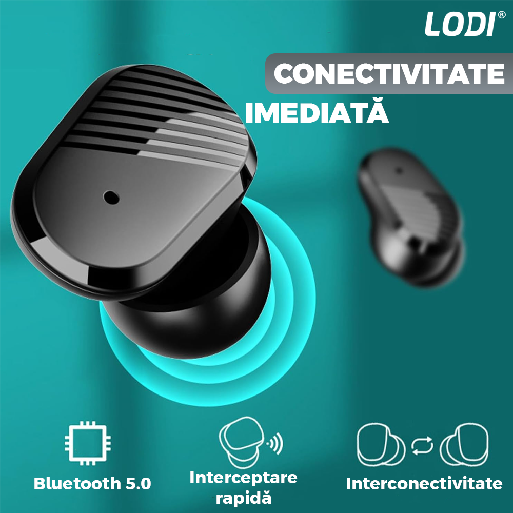 Casti Wireless Lodi985, TWS, Bluetooth 5.0, afisaj digital, carcasa magnetica, sunet stereo, compatibilitate univesala, design compact, autonomie 7 ore,negru