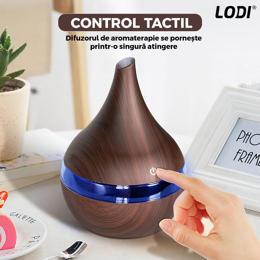 Difuzor Aromaterapie Lodi1463, forma conica, lumini ambientale, control tactil, capacitate 200ml, silentios, rezerva inclusa, alimentare USB, umidifica aerul, stejar inchis