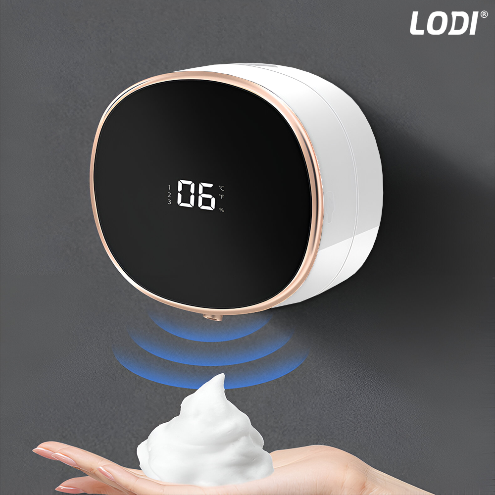 Dozator Automat pentru Sapun Lodi1217, spuma sau lichid, afisaj digital, 3 trepte de dozare, senzor inteligent de miscare, baterie reincarcabila, montare adeziva pe perete, alb/negru