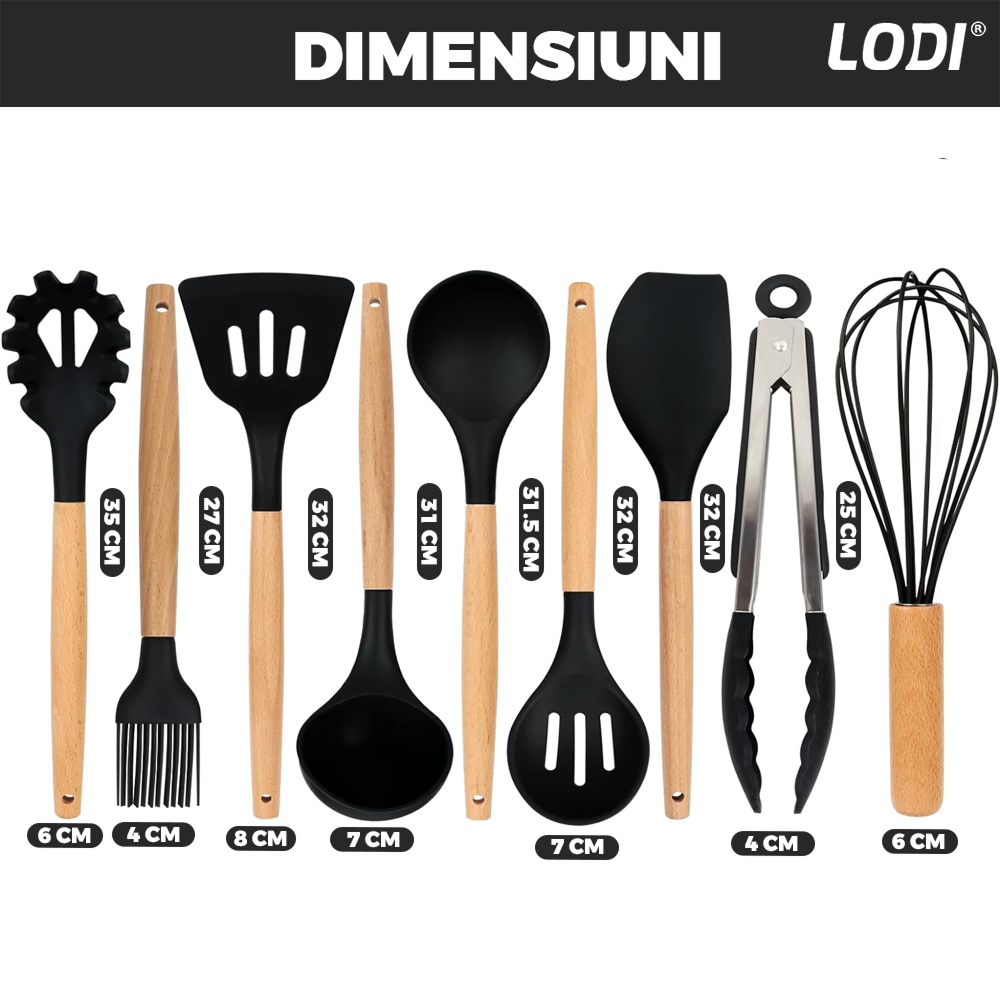 Set Ustensile Bucatarie 12 Piese Silicon Alimentar Lodi622, termorezistente, antiaderente, sigure, suport inox, negru